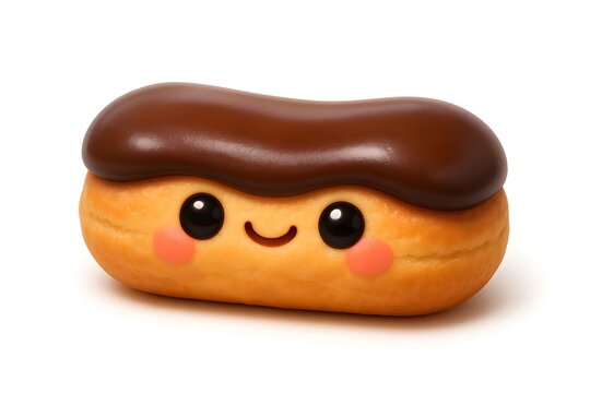 Adorable chocolate eclair character with cute blushing cheeks and happy smile, perfect for sweet treats