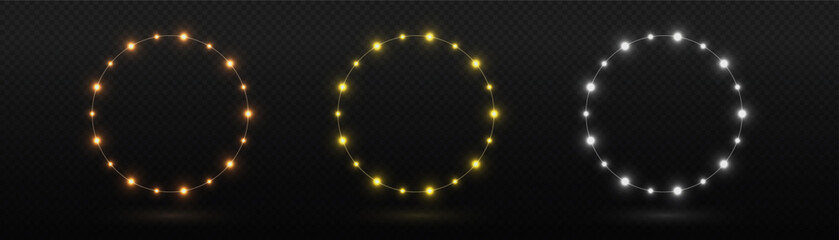 Set of glowing garland LED neon circle frames in gold, yellow, and white. Isolated transparent background, ideal for holiday decorations, banners, and festive design elements, Vector PNG.