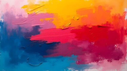 Abstract Painting with Bold Impasto Brushstrokes in Vibrant Hues of Pink Red Orange Yellow and Blue