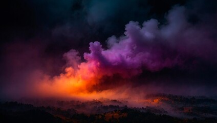 Naklejka premium Orange and purple smoke mist clouds over the textured asphalt surface background. Beautiful dark smokey wallpaper. Abstract misty header design concept. 