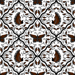 batik sidomukti seamless pattern brown black background. traditional vintage batik pattern from solo central java with butterfly, garuda bird design.  for fabric, fashion design, textile, wallpaper