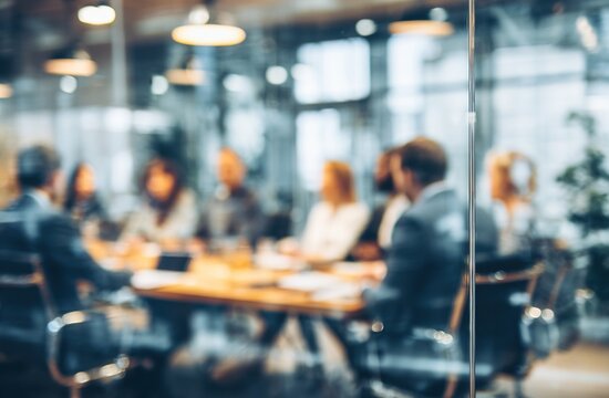 Blurred diverse business people meet in conference room. Corporate team sitting at table at seminar, discussing financial strategy, marketing plans. Blurred office interior, window view for