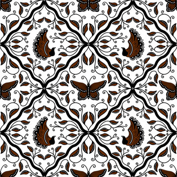 batik sidomukti seamless pattern brown black background. traditional vintage batik pattern from solo central java with butterfly, garuda bird design.  for fabric, fashion design, textile, wallpaper