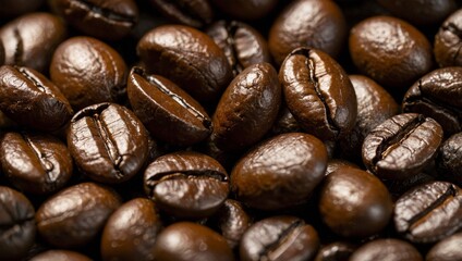 Obraz premium A close-up view of a dark roasted rich brown colored coffee beans. 