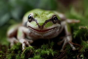 Obraz premium A closeup of a frog with its mouth open on a mossy surface