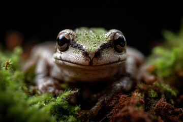 Fototapeta premium A closeup of a frog with its mouth open on a mossy surface
