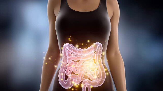 Woman's stomach is shown in a graphic, with the word "stomach" in pink. The stomach is surrounded by pink and yellow lines, giving it a glowing appearance