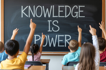 Enthusiastic students raising hands in classroom learning that knowledge is power, symbolizing education, teaching, and bright future opportunities for children