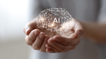 Businessman cupping hands is holding glowing polygonal brain with ai lettering, symbolizing artificial intelligence, innovation, and technological advancement in business