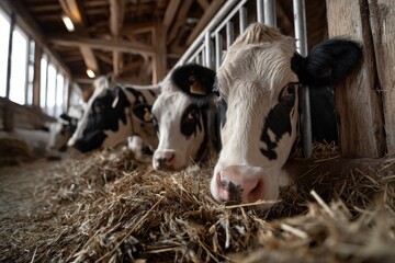 Three cows are munching hay in a cozy barn, gazing at the camera