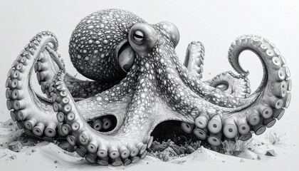 Obraz premium Detailed grayscale drawing of a majestic octopus resting on sand.