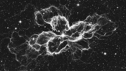 Powerful luminous explosion of star surrounded by glowing shockwave and bright distant star in space. Starburst nebula in stippling style. Dotwork. Pointillism. Shading using dots. Vector illustration