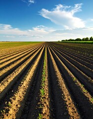 Farmland rows under a clear sky
