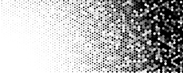 Hexagon Halftone Background In Black And White Gradient, Honeycomb Mosaic Pattern For Tech, Futuristic Banner, Poster And Modern Branding. Vector Illustration.