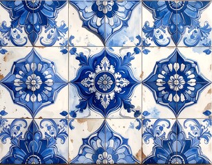 Traditional blue and white Portuguese tiles with floral patterns and vintage texture