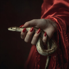 Serpent's Charm: A woman's hand with red nails holding a snake against a dark red backdrop.