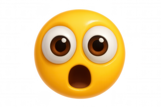 3d rendering: surprised emoji with gaping mouth, wide-open eyes expressing extreme shock on transparent background