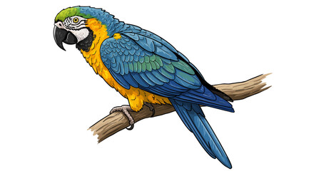 Colorful Blue and Gold Macaw Perched on a Branch Illustration.