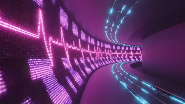 Conceptual visualization of digital health technology featuring a neon pulse wave inside a futuristic data corridor