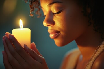 A young woman quietly holds a lit candle, eyes closed in peaceful contemplation or prayer.