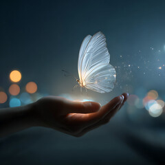 A magical butterfly gently lands on an open hand, glowing in the soft light of the night.