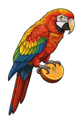 Colorful Macaw Parrot Perched on Orange Slice Illustration.