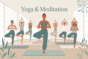 Serene diverse group finding inner peace through balanced yoga poses and mindful meditation in a bright, airy studio setting, promoting wellness and tranquility.