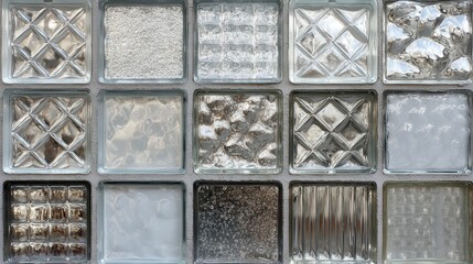 A closeup, abstract view of a wall made of various textured glass blocks, creating a unique pattern of light and shadow