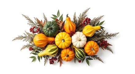 Fototapeta premium Autumn harvest gourd arrangement with greenery and berries