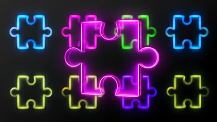 Multiple vibrant neon puzzle pieces illuminate a dark backdrop. - Powered by Adobe