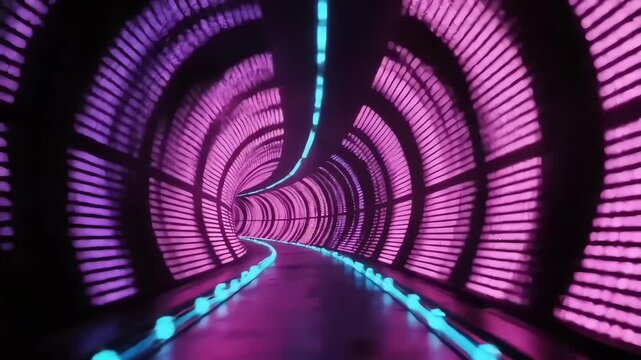 Vibrant journey through a futuristic digital tunnel with glowing pink and blue neon lights, a concept for virtual reality and cyberspace