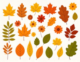Collection of autumn leaves and flowers.  Flat design