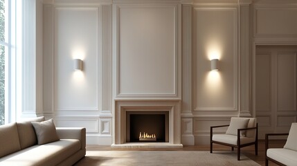 A modern, minimalist living room featuring a sleek fireplace, elegant lighting, and stylish furniture, creating a cozy and inviting atmosphere.