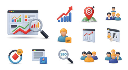 Business and technology icon set illustrating concepts of digital marketing, data analysis, search engine optimization, and corporate teamwork