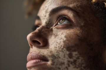 Fototapeta premium Closeup profile of a young woman with vitiligo, her skin marked by patches of depigmentation, looking upwards with a thoughtful expression
