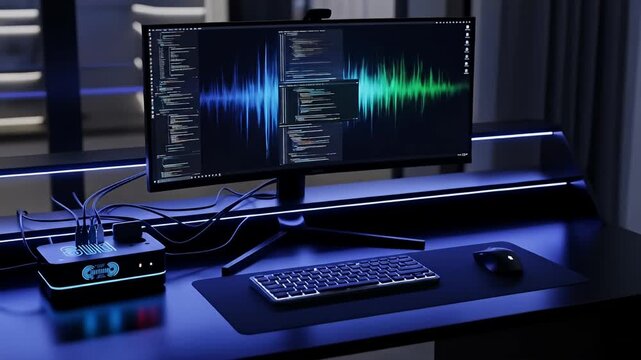 Modern workspace featuring a sleek monitor displaying sound wave patterns and coding, with a stylish keyboard and mouse