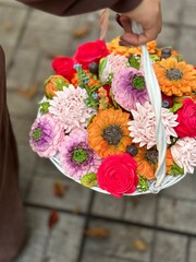 marshmallow flowers in a basket
