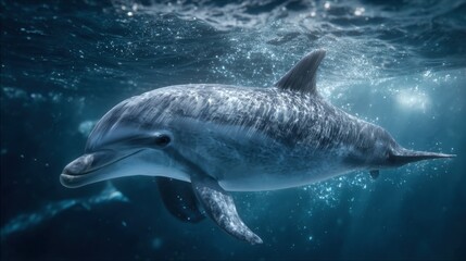 Fototapeta premium Joyful dolphin swimming underwater in cinematic lighting ocean environment nature and wildlife photography close-up view