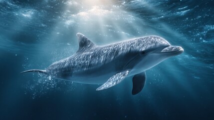 Fototapeta premium Joyful dolphin swimming underwater with cinematic lighting ocean depths nature photography bright environment close-up perspective