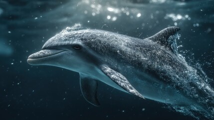 Fototapeta premium Happy dolphin swimming underwater in cinematic light ocean environment high-quality content joyful concept for marine life lovers