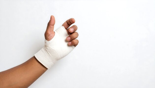 Close-up of bandaged hand against white background