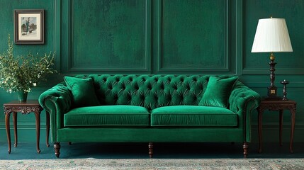 Obraz premium A luxurious green velvet sofa with plush cushions, paired with a decorative side table and a lamp, set against an elegant wall.
