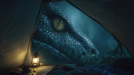 Curiosity and Innovation in a dramatic jungle scene with a T-Rex at a tent