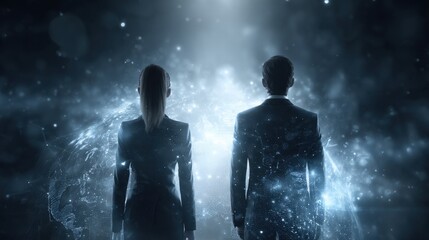 Silhouetted professional businesswoman and businessman in a digital world corporate setting gigapixel imagery futuristic theme