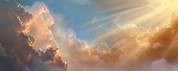 Golden sunbeams pierce through dramatic, textured clouds, illuminating the sky with warm, ethereal light