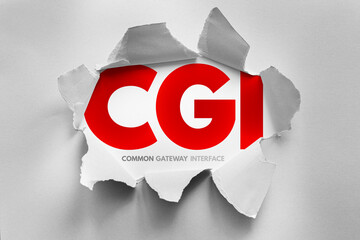 CGI acronym in bold red letters revealed through torn white paper, representing Common Gateway Interface. Ideal for IT, programming, web development, and backend server integration concept