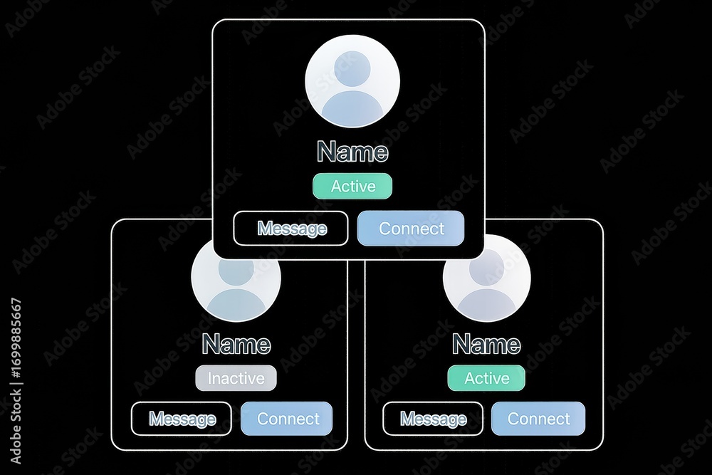 Fototapete abstract digital display of three user profile cards showing active and inactive status on black bac