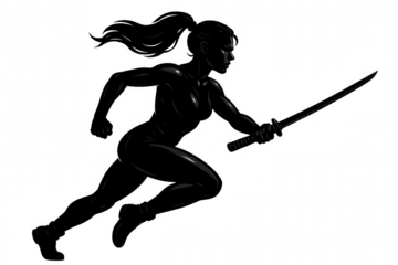 Athletic kunoichi silhouette wielding katana, running dynamically against transparent backdrop, highlighting ninja warrior aesthetic