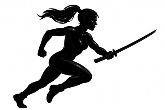 Athletic kunoichi silhouette wielding katana, running dynamically against transparent backdrop, highlighting ninja warrior aesthetic