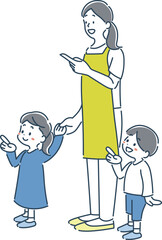 笑顔で手を繋ぐ女の子と男の子の園児と保育士のイラスト素材